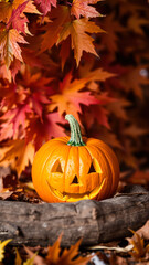 Jack-O'-Lantern in Autumn Leaves