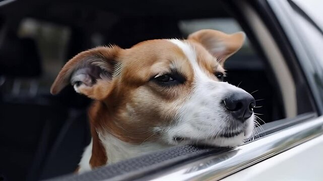 A dog's head looking out of a car window, with a curious expression on its face.