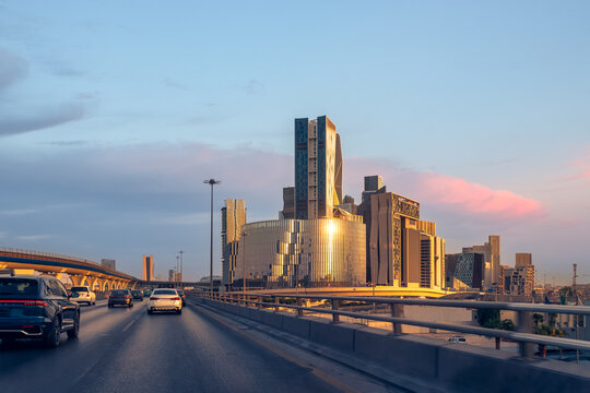 Famous landmarks and tourist places in Riyadh, King Abdullah Financial Center, financial and economic towers illuminated at night in the city of Riyadh, architectural art of towers and skyscrapers in 