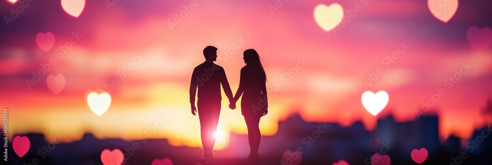 Poster couple holding hands at sunset with heart-shaped bokeh lights creating a warm, romantic atmosphere i