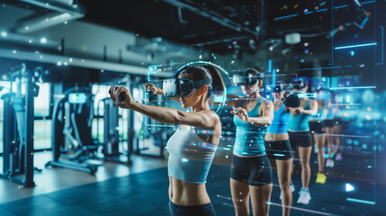 Interactive virtual fitness experience with people using VR goggles and holographic workout guides.