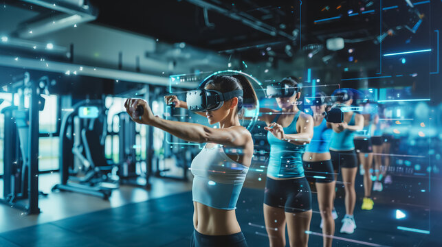 Interactive virtual fitness experience with people using VR goggles and holographic workout guides.