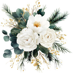 Watercolor floral arrangement with white roses, eucalyptus leaves, pine branches, and gold accents, elegant bouquet, winter wedding flowers, botanical illustration, holiday greenery