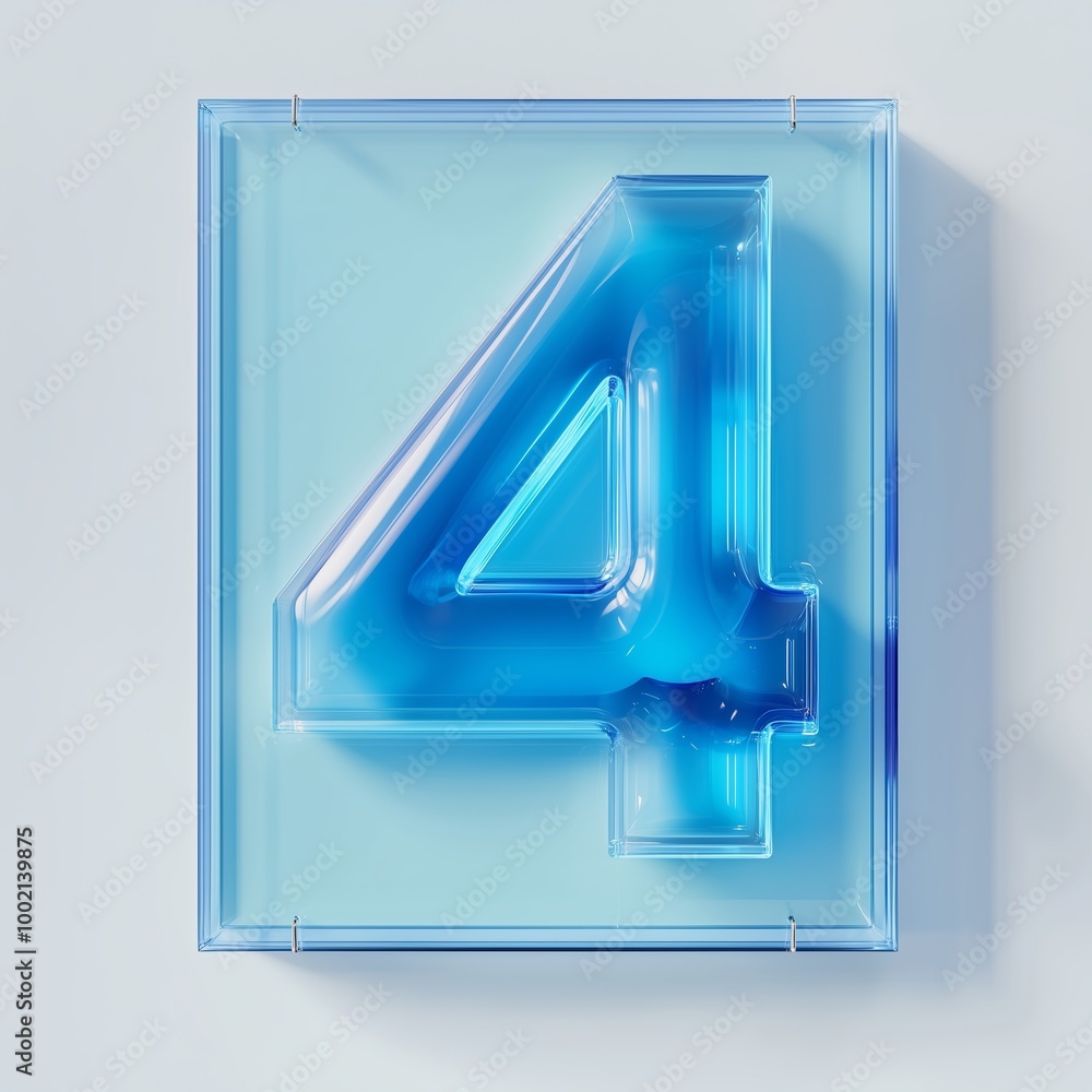 Poster stylish translucent blue number four displayed against a minimalist light backdrop, creating a moder