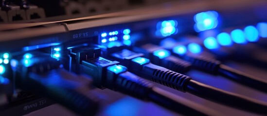 Naklejka premium Close-Up of Network Cables Connected to a Server with Blue LED Lights in a Data Center