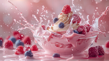 Side view of breakfast with topping fruits on pink backgrounds