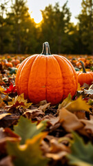 Pumpkin in a field of fallen leaves