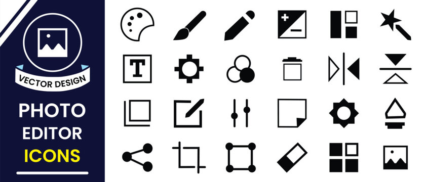 Photo Editor Icon, tools, symbol set. Image editing icons set design. Editing icon set for UI, UX design. Collection of high quality photo editor icons, symbol. Vector illustration.