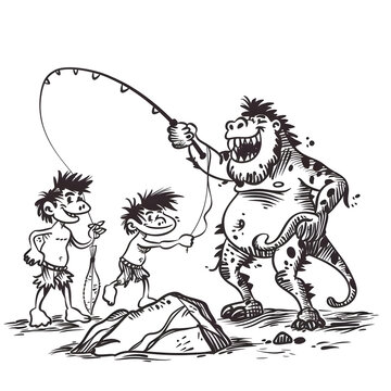 recommend clip art: Prehistoric family fishing together with a dinosaur
