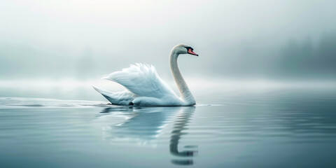 Fototapeta premium A majestic swan glides gracefully across the still waters of a lake its reflection shimmering in the sunlight background