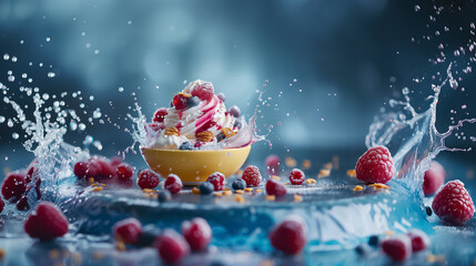 Vibrant fruit dessert with yogurt ice cream and nuts in yellow bowl