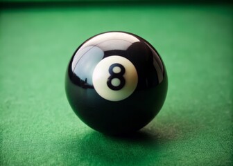 Close-up of a classic black and white billiard ball number eight resting on a green felt table