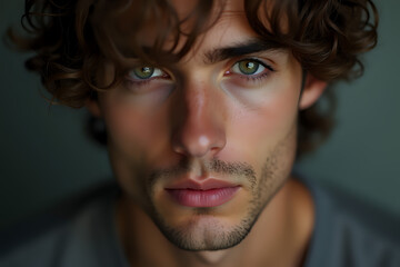 A captivating close-up portrait of a brunette man