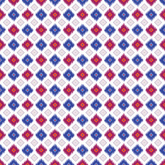Burmese pattern, geometric square, blue, purple, yellow, red, light blue, perfectly blended, seamless, beautifully arranged, fabric pattern for textiles, curtains, clothing, sarongs.