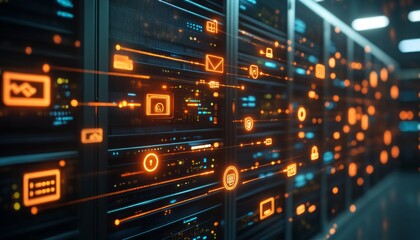 Obraz premium Futuristic tech world filled with security symbols and digital data flow.