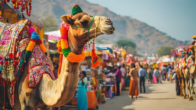 The vibrant Pushkar Camel Fair with decorated camels and colorful stalls