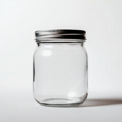 A simple yet elegant glass jar with a silver lid, suitable for various uses such as storage, crafting, or preserving food.