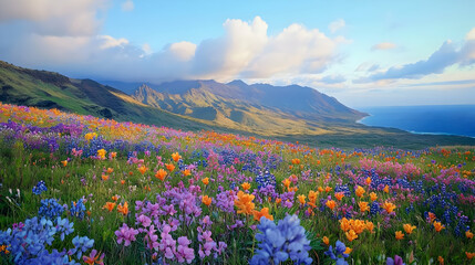Obraz premium Vibrant Wildflowers in a Mountain Meadow with Ocean View