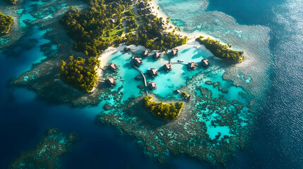 Tropical Island Paradise with Overwater Bungalows and Pristine Blue Lagoon