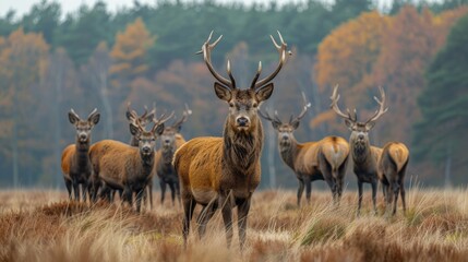 Obraz premium Red deer herd standing in autumnal forest landscape