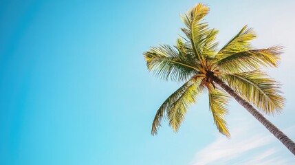 A serene shot of a coconut tree swaying in the wind against a backdrop of a clear blue sky, capturing the essence of tropical living.