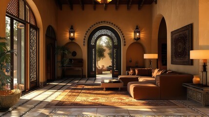 Living room with warm earth tones, arched doorways, and ornate tilework.