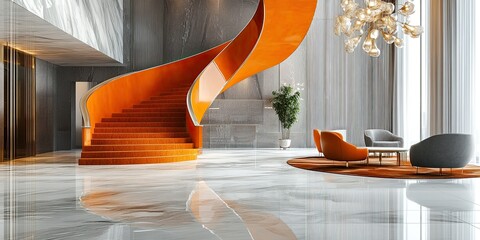 luxury orange and grey curve stairs in a modern hotel reception lobby with elegant ornaments and luxury chandelier 