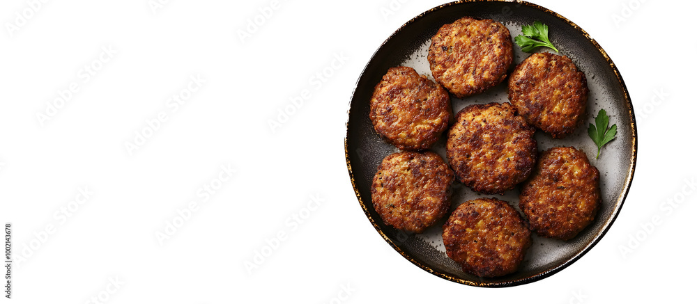 Poster a rustic plate with fried pork and beef meat cutlets or patties on a white background viewed from th