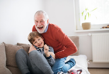 Grandfather spending time with grandson, taking care of him while parents are at work. Having fun.