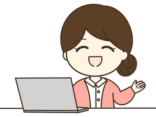 パソコンの前で案内するまとめ髪の笑顔の女性のイラスト