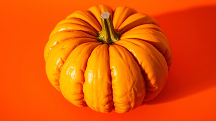 Close-up of a Single Orange Pumpkin on a Red Background