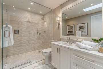 Modern bathroom with glass shower, white vanity, and neutral tones, reflecting elegance and cleanliness