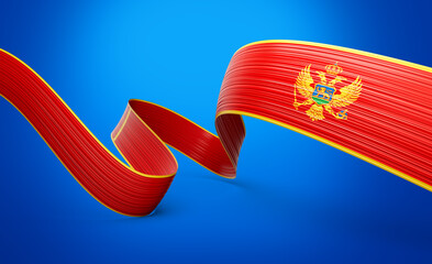 Flag Of Montenegro Shiny Waving Montenegro Ribbon Flag Isolated On Blue Background 3d Illustration