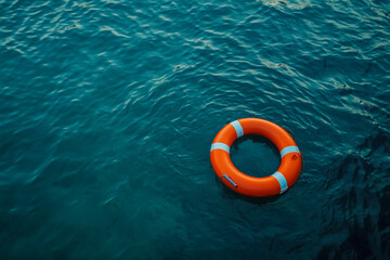 Orange life buoy drifting on calm water
