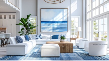 Modern coastal living room with a fresh white and blue color palette, large windows, and nautical accents.