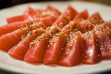 Thinly sliced tuna sashimi sprinkled with sesame seeds