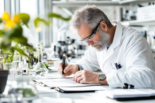 Scientist working in a lab writing research notes