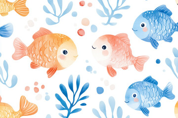 Fototapeta premium Cute watercolor fish seamless pattern for children