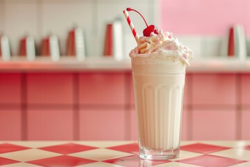 A creamy milkshake topped with whipped cream and a cherry, served in a tall glass with a striped straw