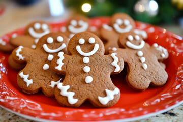 Smiling gingerbread men cookies on a red festive plate