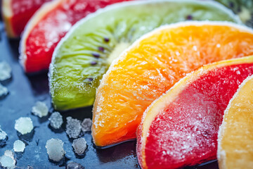 Closeup of colorful frozen fruit slices with sugar crystals