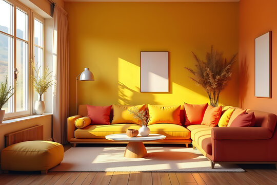 Cozy living room with an analogous color scheme of yellow, orange, and red, giving a warm and inviting feel