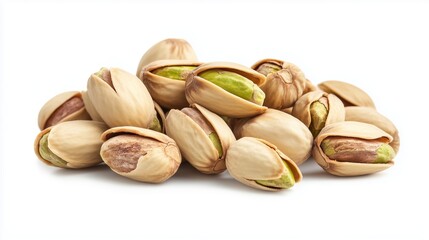 Fresh pistachio nuts in their shells arranged on a white surface, highlighting their natural color and texture