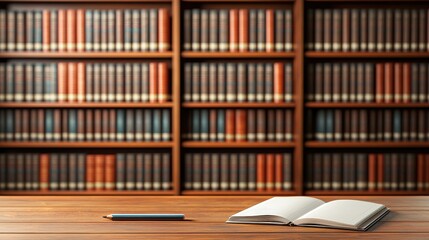 Fototapeta premium Open Notebook and Pencil on Wooden Desk in Library