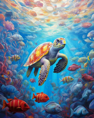 Fototapeta premium Adorn your wall with a multicolor baby turtle featuring a captivating Serenity by the Sea