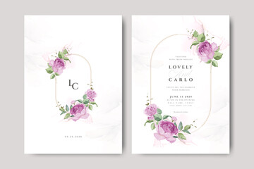 wreath roses flower watercolor and golden line wedding invitation card set