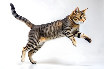 Funny Jumping Cat Image. Side View Cat Mid-Leap. Cat in Action Funny Pose.