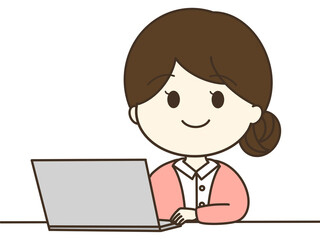 パソコンの前で案内するボブヘアの笑顔の女性のイラスト