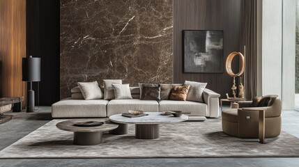 Modern Italian living room with sleek lines, luxury materials, and a neutral color palette with marble surfaces.