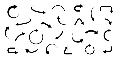 Arrow sign. Curved arrows. Black arrows set. Flat style icons.